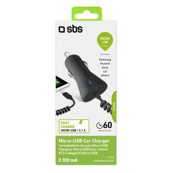 Caricatore da auto Micro-USB 2.1A, Black, SBS
