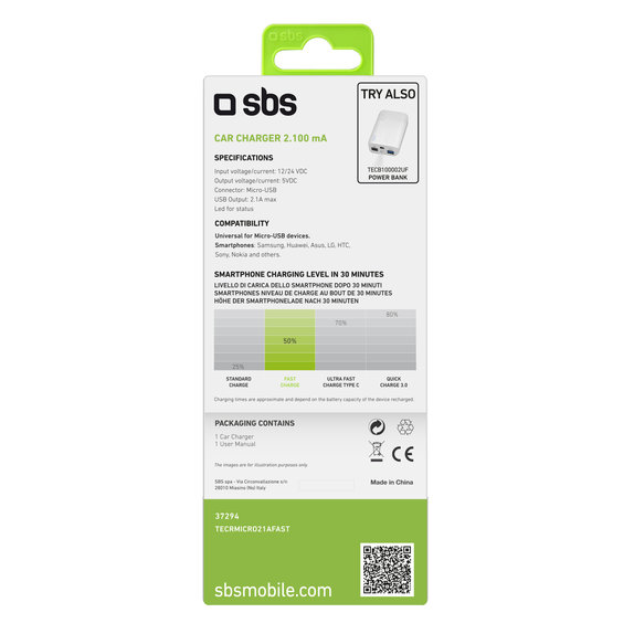 Caricatore da auto Micro-USB 2.1A, Black, SBS