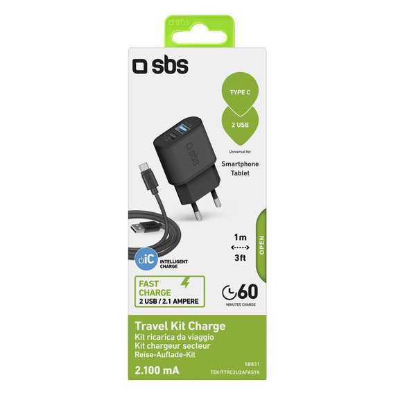 Adattatore di ricarica 10W 2x USB e cavo da USB a USB-C, Black, SBS