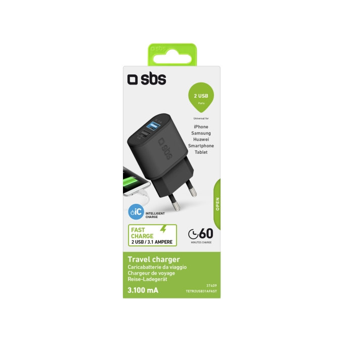 Adattatore di ricarica 10W 2x USB, Black, SBS