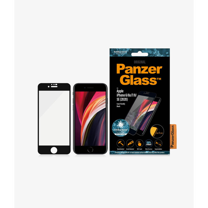 Vetro temperato Case Friendly AB per iPhone 6, 6s, 7, 8, SE 2020, SE 2022, Black, PanzerGlass