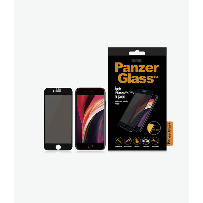 Vetro temperato Privacy Case Friendly per iPhone 6, 6s, 7, 8, SE 2020, SE 2022, Black, PanzerGlass
