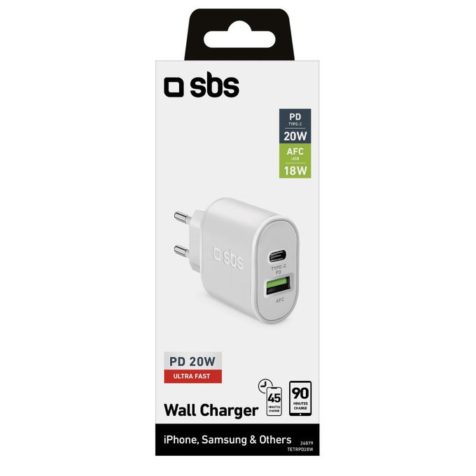 Adattatore di ricarica 20W USB e USB-C, White, SBS