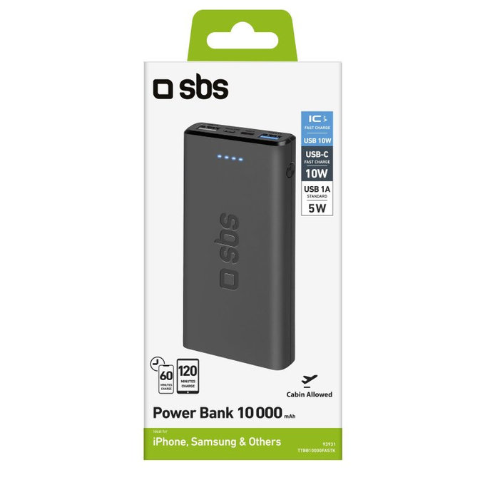 PowerBank 10 000mAh, 2x USB 2.1A, Black, SBS