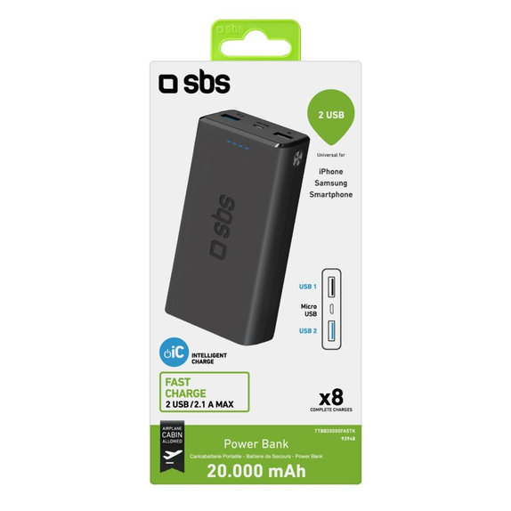 PowerBank 20 000mAh, 2x USB 2.1A, Black, SBS