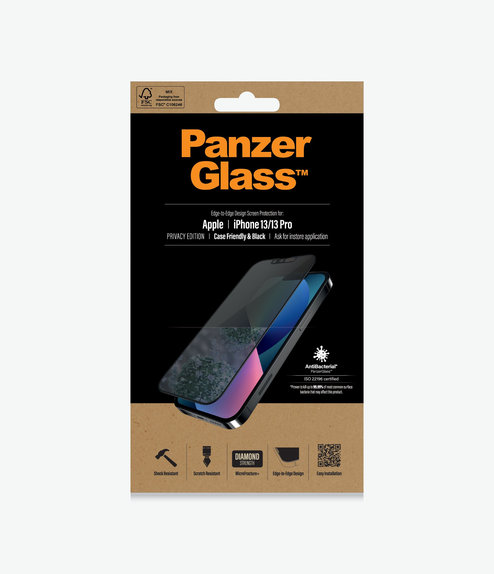 Vetro temperato Case Friendly Privacy AB per iPhone 13, 13 Pro, 14, 16e, Black, PanzerGlass