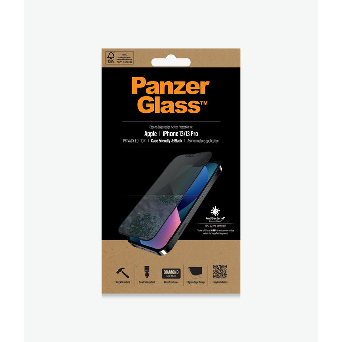 Vetro temperato Case Friendly Privacy AB per iPhone 13, 13 Pro, 14, 16e, Black, PanzerGlass