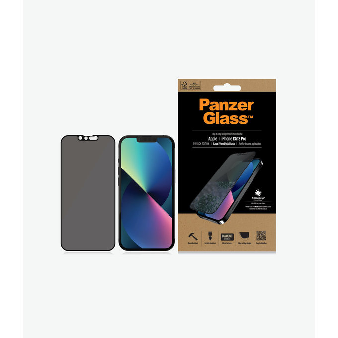 Vetro temperato Case Friendly Privacy AB per iPhone 13, 13 Pro, 14, 16e, Black, PanzerGlass