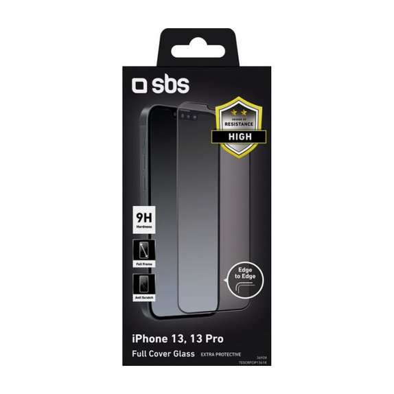 Vetro temperato Full Cover per iPhone 13, 13 Pro, 14, 16e, Black, SBS