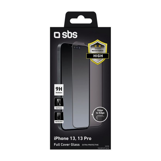 Vetro temperato Full Cover per iPhone 13, 13 Pro, 14, 16e, Black, SBS