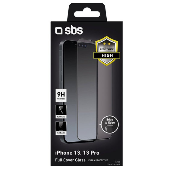 Vetro temperato Full Cover per iPhone 13, 13 Pro, 14, 16e, Black, SBS