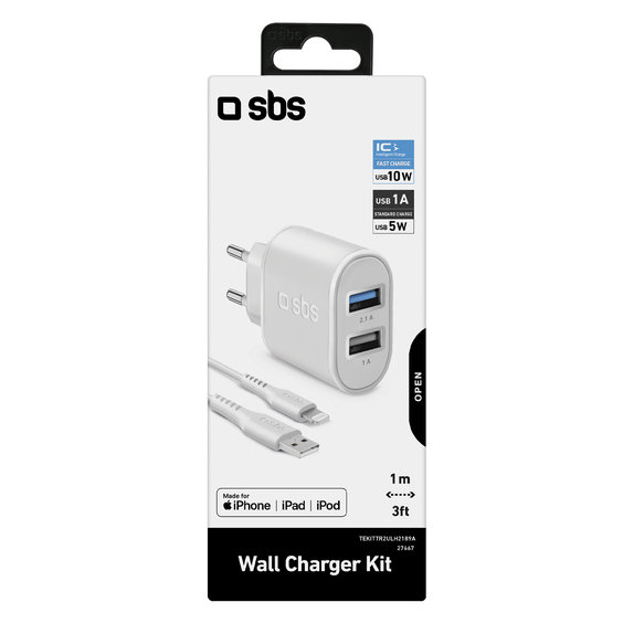 Adattatore di ricarica 10W 2x USB con cavo da USB a Lightning, White, SBS