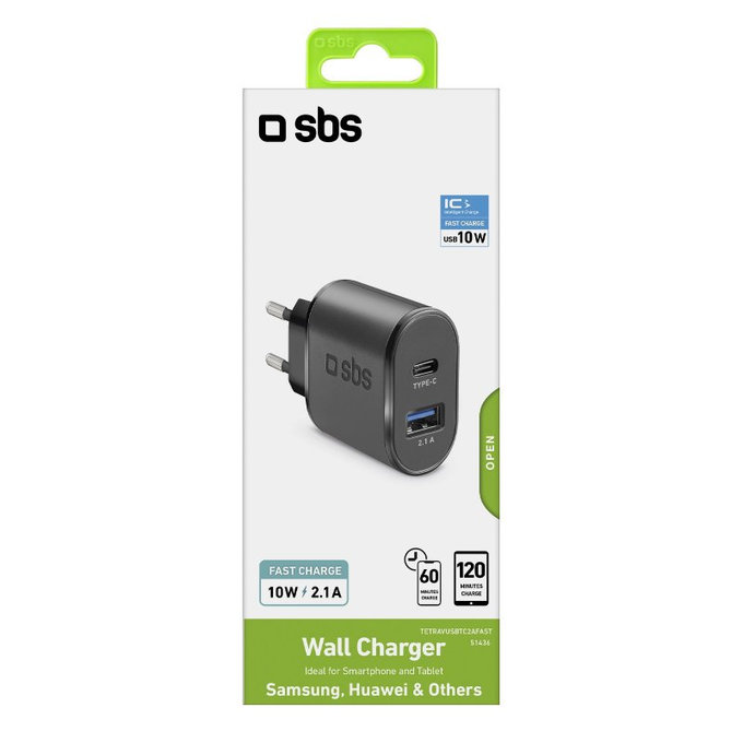 Adattatore di ricarica 10W USB e USB-C, Black, SBS