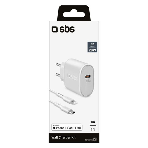 Adattatore di ricarica 20W USB-C PowerDelivery con cavo Lightning 1 m, White, SBS
