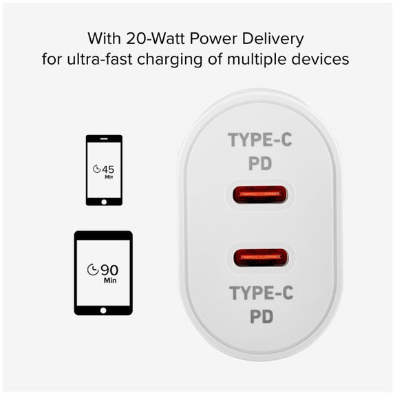 Adattatore di ricarica 20W 2x USB-C Power Delivery, White, SBS