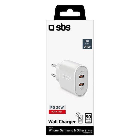 Adattatore di ricarica 20W 2x USB-C Power Delivery, White, SBS