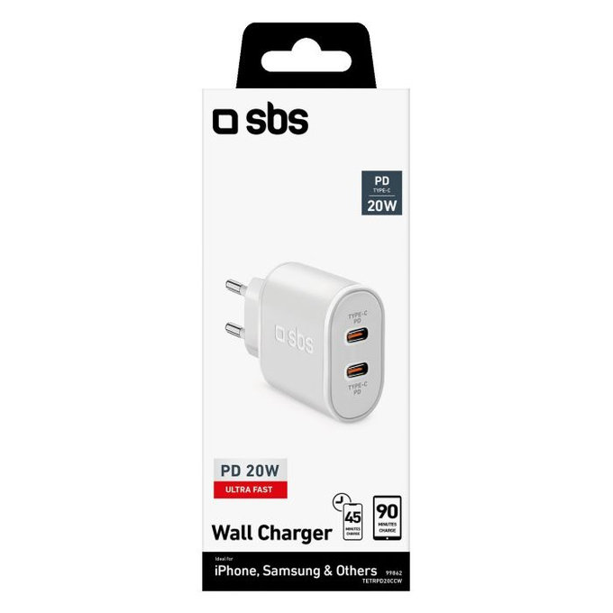 Adattatore di ricarica 20W 2x USB-C Power Delivery, White, SBS