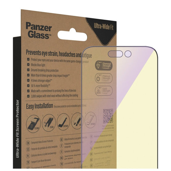 Vetro temperato UWF Anti-Bluelight AB con applicatore per iPhone 14 Pro, Nero, PanzerGlass