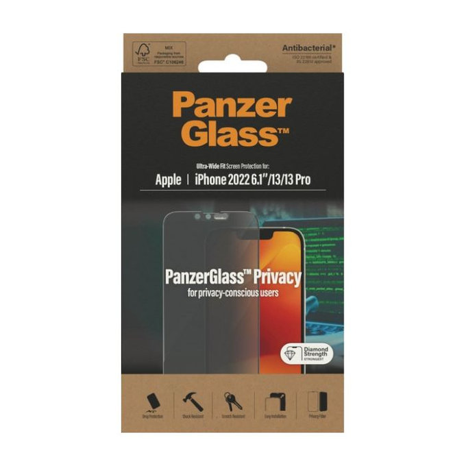Vetro temperato UWF Privacy AB per iPhone 13, 13 Pro, 14, 16e, PanzerGlass