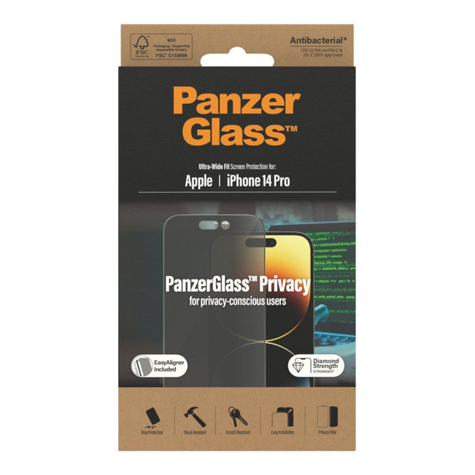 Vetro temperato UWF Privacy AB con applicatore per iPhone 14 Pro, Nero, PanzerGlass