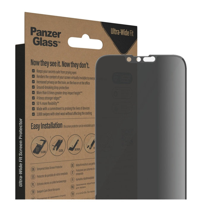 Vetro temperato UWF Privacy AB con applicatore per iPhone 14 Plus/13 Pro Max, Nero, PanzerGlass