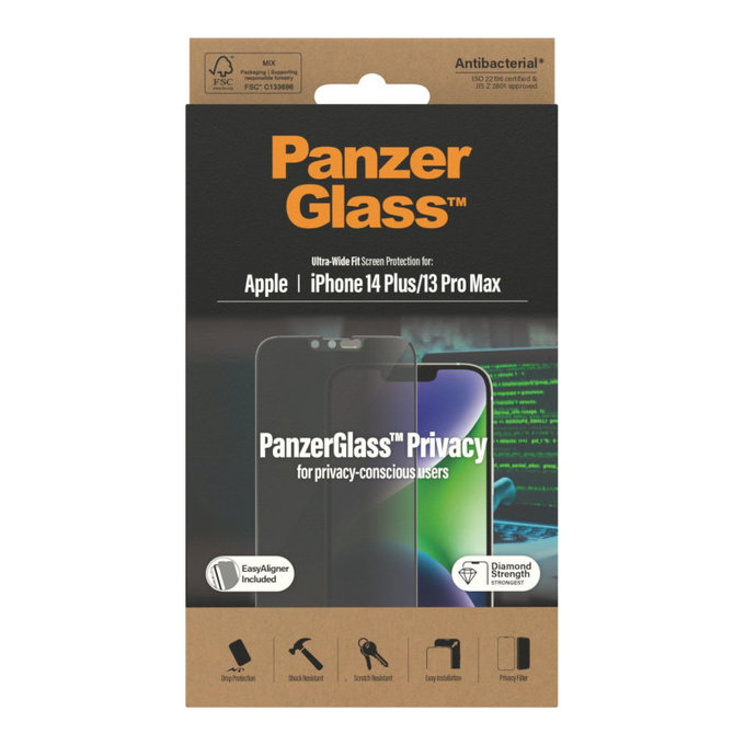 Vetro temperato UWF Privacy AB con applicatore per iPhone 14 Plus/13 Pro Max, Nero, PanzerGlass