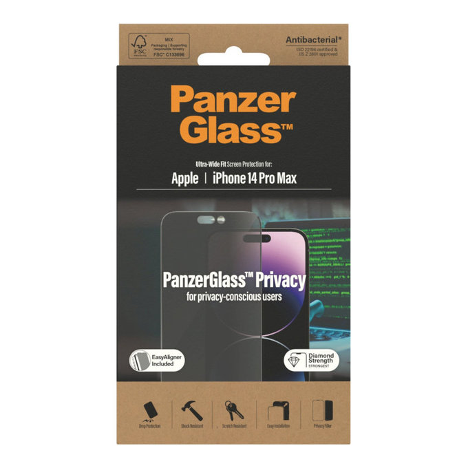 Vetro temperato UWF Privacy AB con applicatore per iPhone 14 Pro Max, Nero, PanzerGlass
