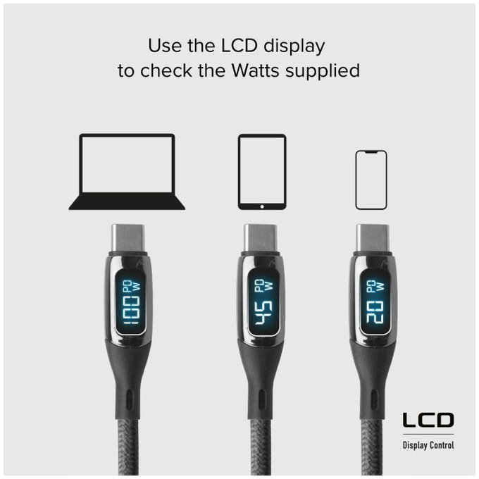 Cavo da USB-C a USB-C con display LCD e PowerDelivery 100W 1 m, Black, SBS
