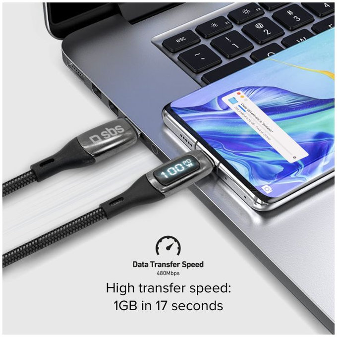 Cavo da USB-C a USB-C con display LCD e PowerDelivery 100W 1 m, Black, SBS