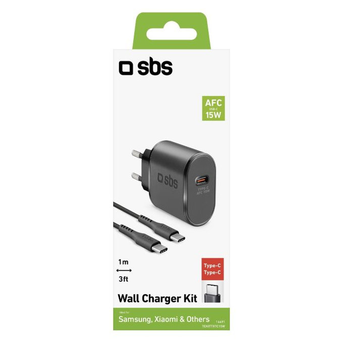 Adattatore di ricarica 15W USB-C con cavo da USB-C a USB-C 1 m, Black, SBS