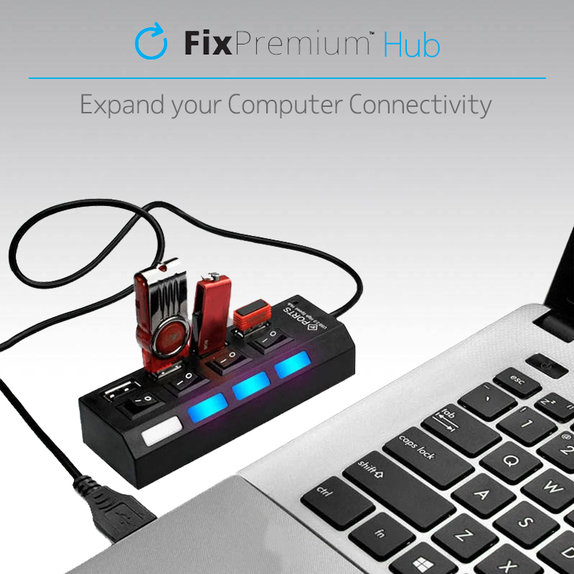 Hub USB con interruttore di alimentazione per 4 USB, Black, FixPremium