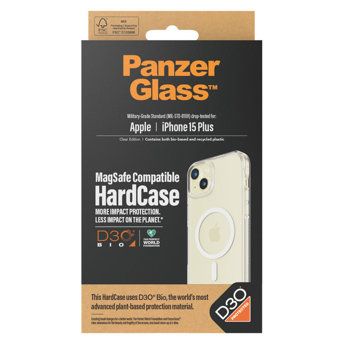 Custodia HardCase D3O con MagSAFE by PanzerGlass per iPhone 15 Plus, Trasparente, PanzerGlass