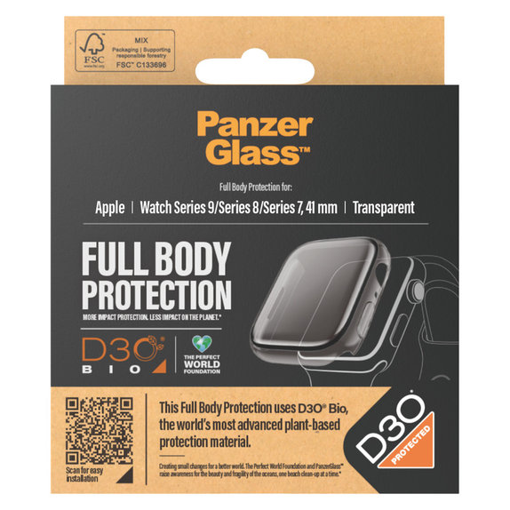 Vetro temperato Full Body D3O per Apple Watch 9/8/7 41 mm, Trasparente, PanzerGlass