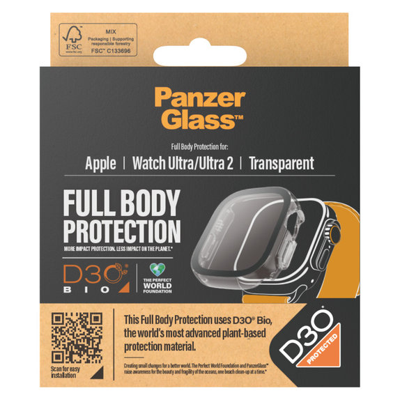 Vetro temperato Full Body D3O per Apple Watch Ultra/Ultra 2, Trasparente, PanzerGlass