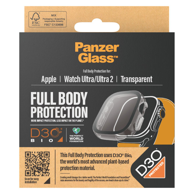 Vetro temperato Full Body D3O per Apple Watch Ultra/Ultra 2, Trasparente, PanzerGlass
