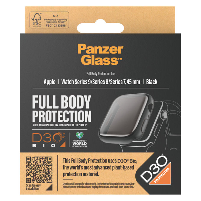 Vetro temperato Full Body D3O per Apple Watch 9/8/7 45 mm, Nero, PanzerGlass