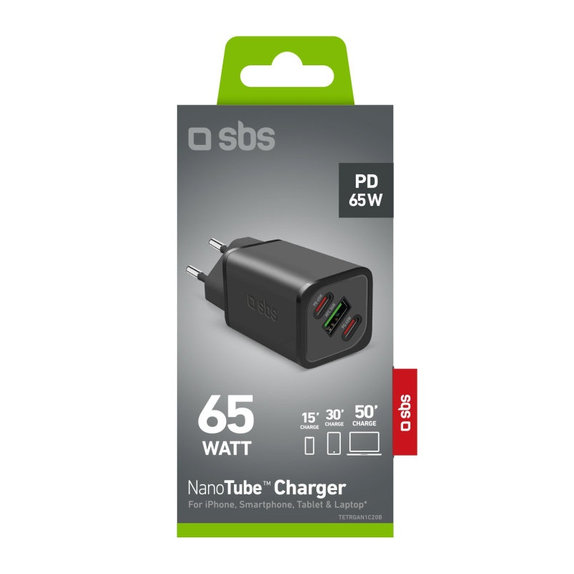 Adattatore da viaggio NanoTube 2x USB-C/USB-A, GaN, 65 W PD, nero, SBS