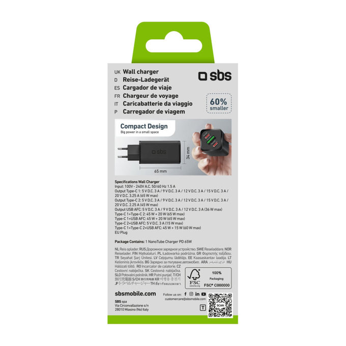 Adattatore da viaggio NanoTube 2x USB-C/USB-A, GaN, 65 W PD, nero, SBS