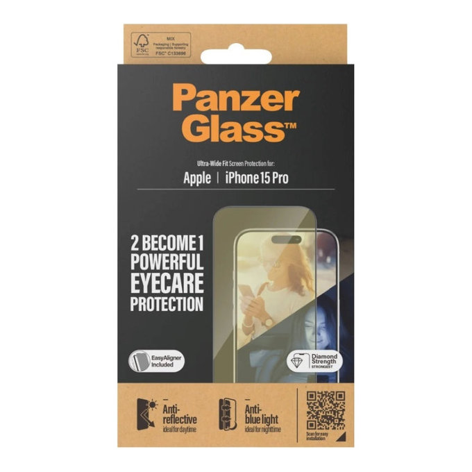 Vetro temperato UWF Eyecare con applicatore per iPhone 15 Pro, Nero, PanzerGlass