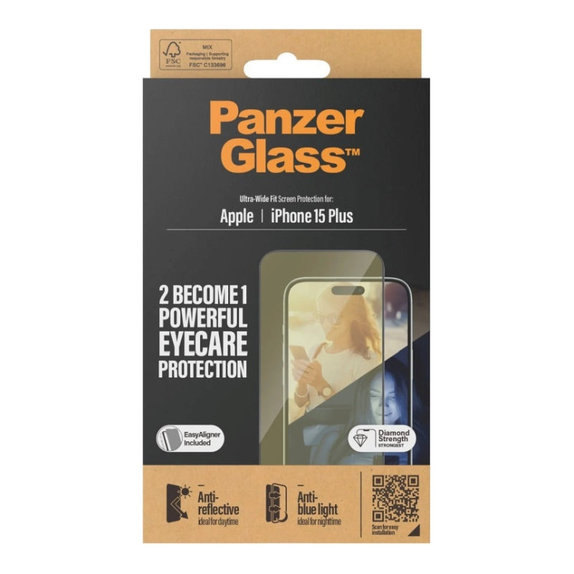Vetro temperato UWF Eyecare con applicatore per iPhone 15 Plus, Nero, PanzerGlass