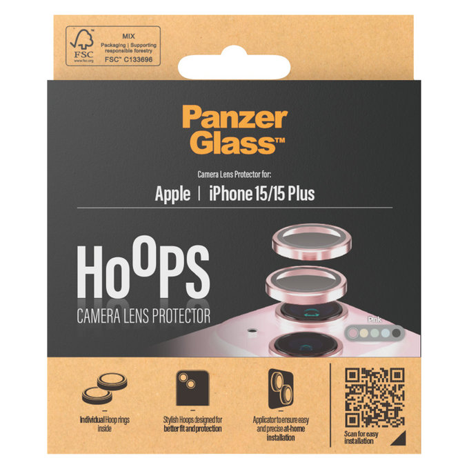 Protezione obiettivo fotocamera Hoops per iPhone 15/15 Plus, Rosa, PanzerGlass