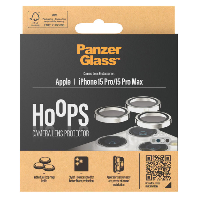 Protezione obiettivo fotocamera Hoops per iPhone 15 Pro/15 Pro Max, White Metal, PanzerGlass