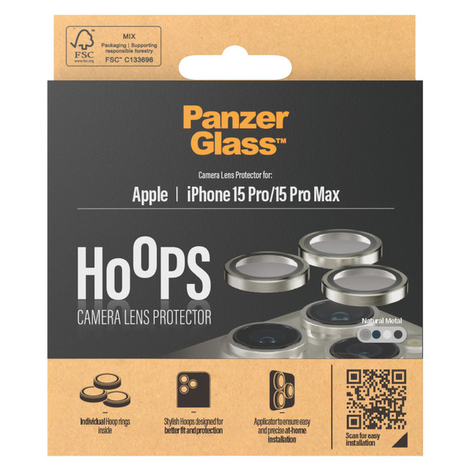 Protezione obiettivo fotocamera Hoops per iPhone 15 Pro/15 Pro Max, Natural Metal, PanzerGlass