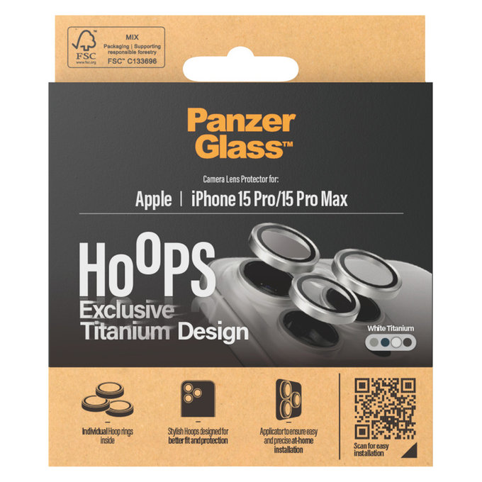 Protezione obiettivo fotocamera Hoops per iPhone 15 Pro/15 Pro Max, White Titanium, PanzerGlass