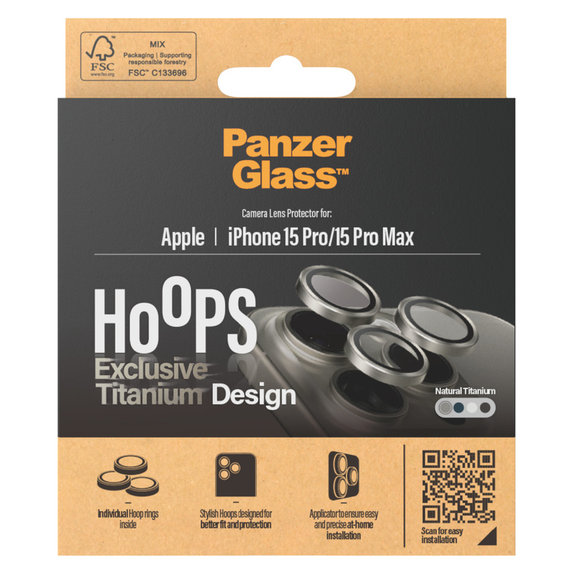 Protezione obiettivo fotocamera Hoops per iPhone 15 Pro/15 Pro Max, Natural Titanium, PanzerGlass