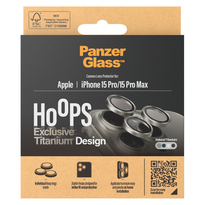 Protezione obiettivo fotocamera Hoops per iPhone 15 Pro/15 Pro Max, Natural Titanium, PanzerGlass
