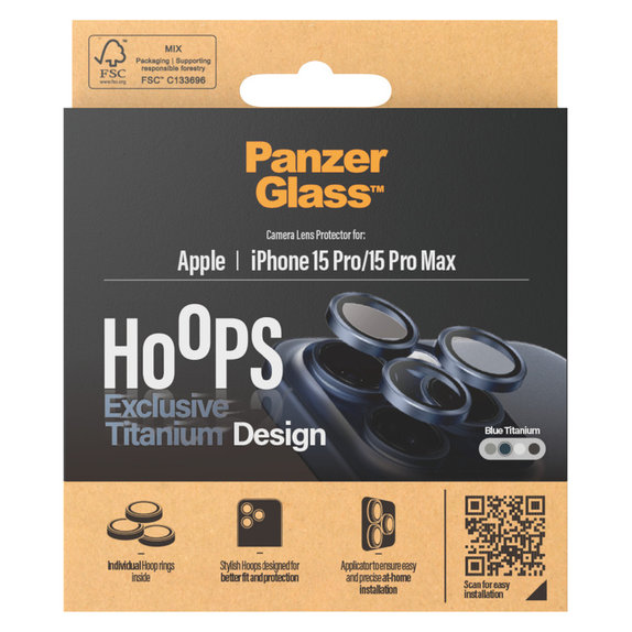 Protezione obiettivo fotocamera Hoops per iPhone 15 Pro/15 Pro Max, Blue Titanium, PanzerGlass