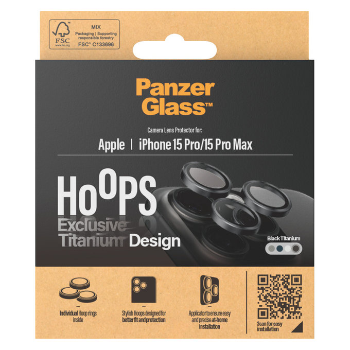 Protezione obiettivo fotocamera Hoops per iPhone 15 Pro/15 Pro Max, Black Titanium, PanzerGlass