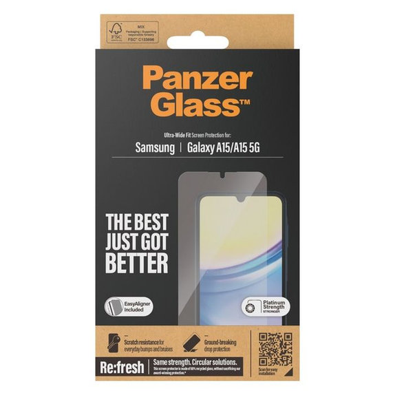 Vetro temperato Re:fresh UWF con aplicator per Samsung A15 5G, Black, PanzerGlass