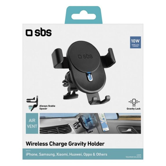 Supporto auto Gravity con ricarica wireless 10W, Black, SBS